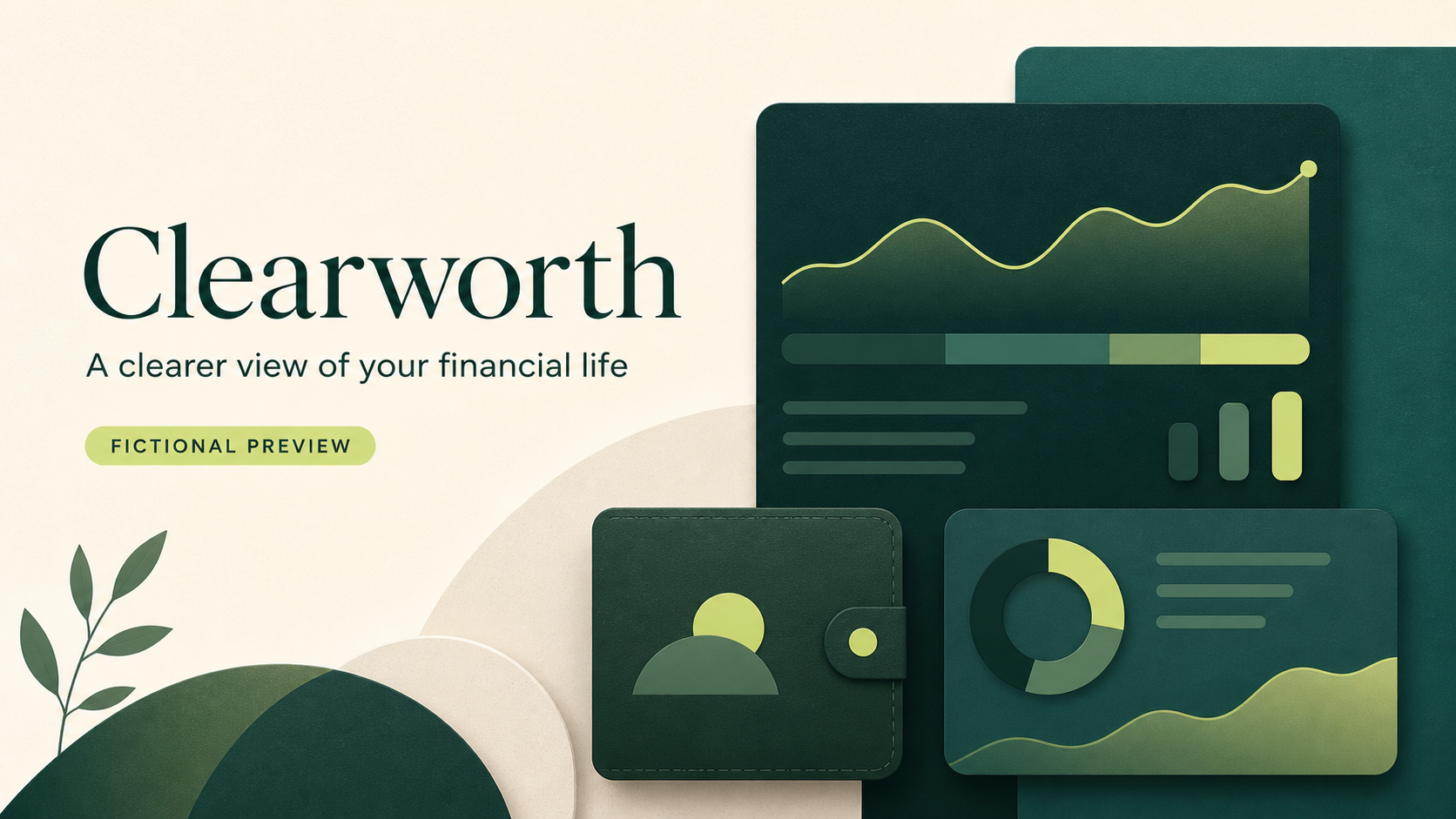 Clearworth fictional preview artwork with an abstract wallet and dashboard
